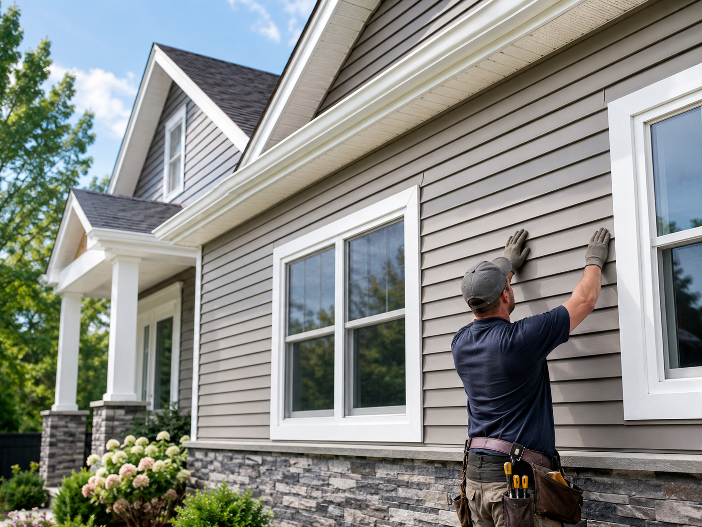 Clean residential exterior with windows and siding details